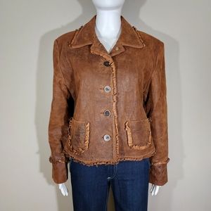 (EUC) SCULLY Brown Rolled Fringe Button Down Leather Jacket
